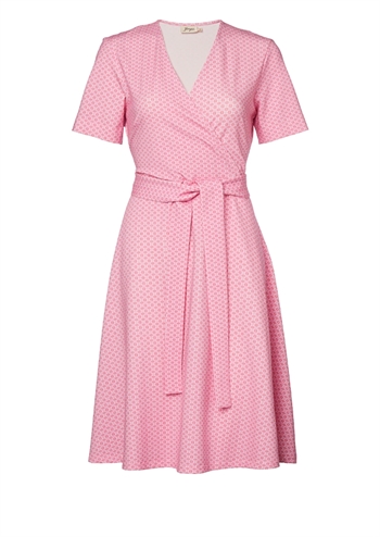 Klassisk lyserød kortærmet kjole med grafisk print, cross over og god pasform fra Jumperfabriken